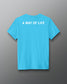 Blue t-shirt with 'A WAY OF LIFE' text on a gray background