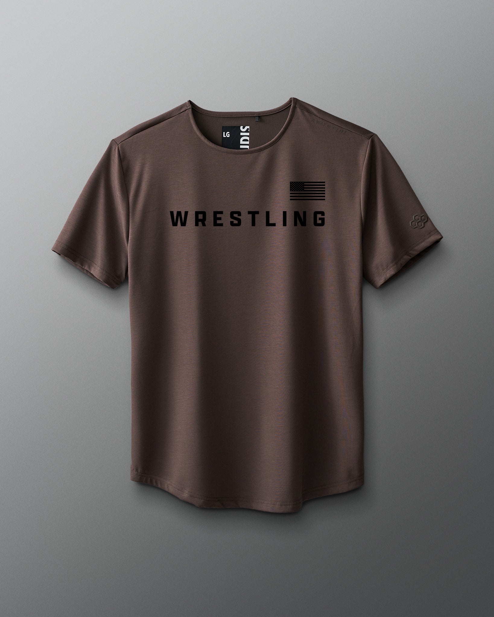 Brown t-shirt with 'Wrestling' text on a gray background