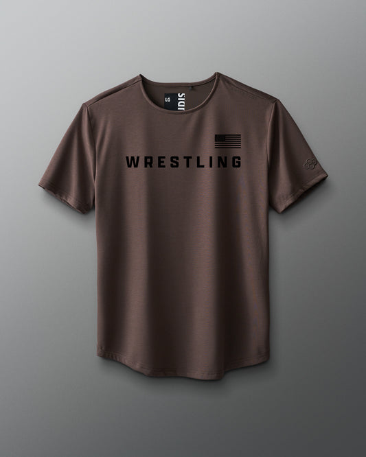 Brown t-shirt with 'Wrestling' text on a gray background