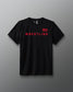Black t-shirt with 'Wrestling' text and American flag on a gray background