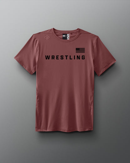Maroon t-shirt with 'Wrestling' text on a gray background