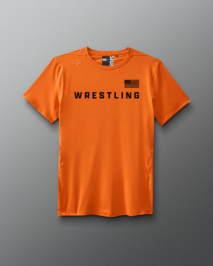 Orange t-shirt with 'WRESTLING' text on a gray background