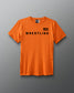Orange t-shirt with 'WRESTLING' text on a gray background
