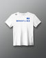 White t-shirt with 'Wrestling' text and American flag on a gray background