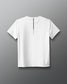 White t-shirt with a small black logo on a gray background