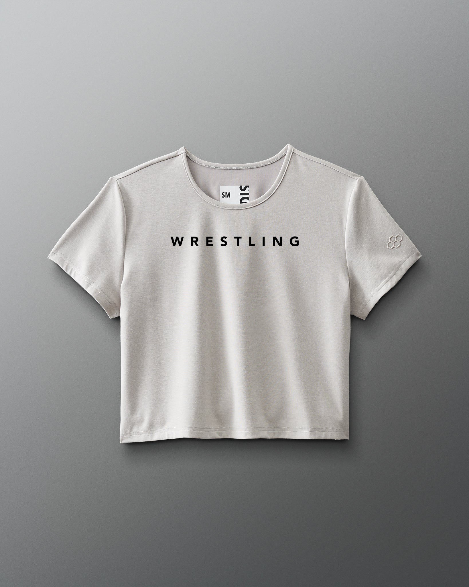 White t-shirt with 'WRESTLING' text on a gray background