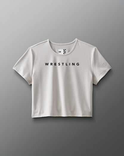 White t-shirt with 'WRESTLING' text on a gray background
