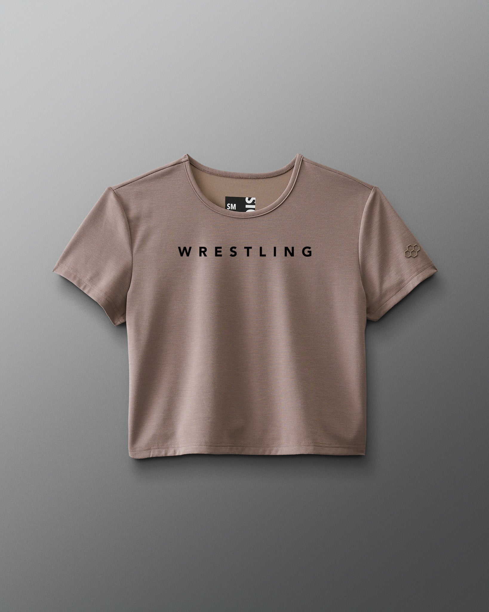 Brown t-shirt with 'WRESTLING' text on a gray background