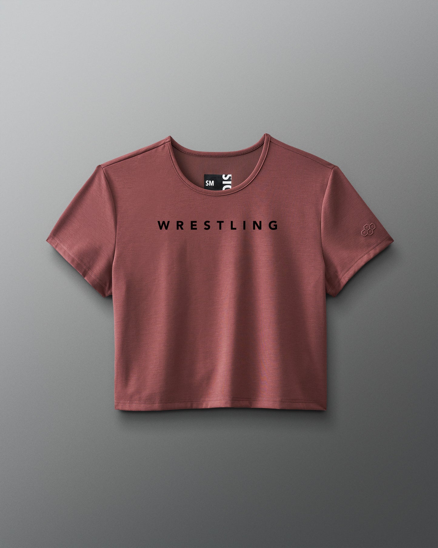 Red t-shirt with 'WRESTLING' text on a gray background