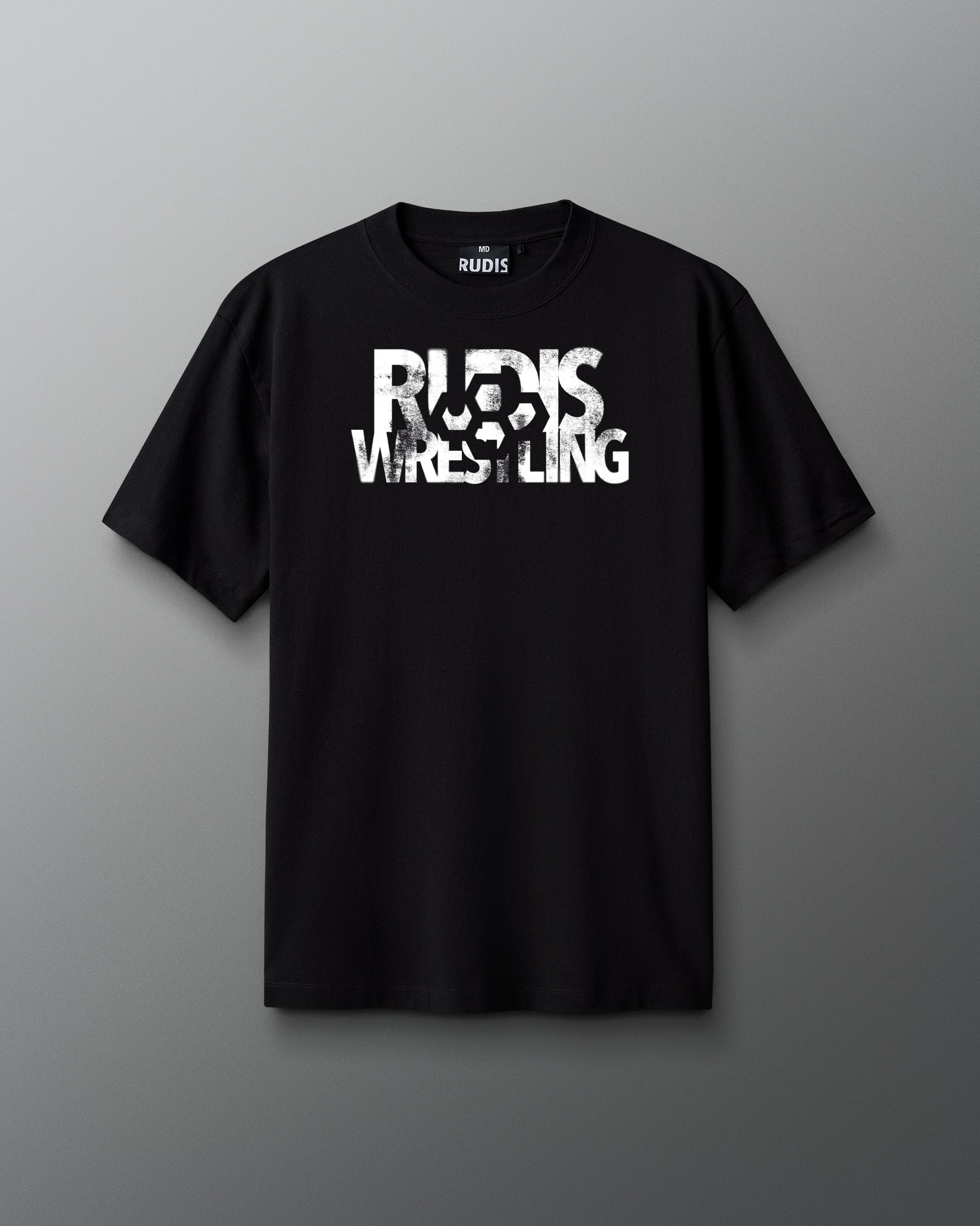 Black t-shirt with 'RUDIS WRESTLING' text on a gray background