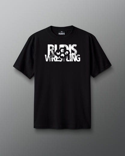 Black t-shirt with 'RUDIS WRESTLING' text on a gray background