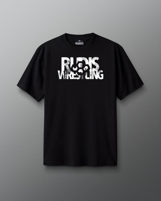 Black t-shirt with 'RUDIS WRESTLING' text on a gray background