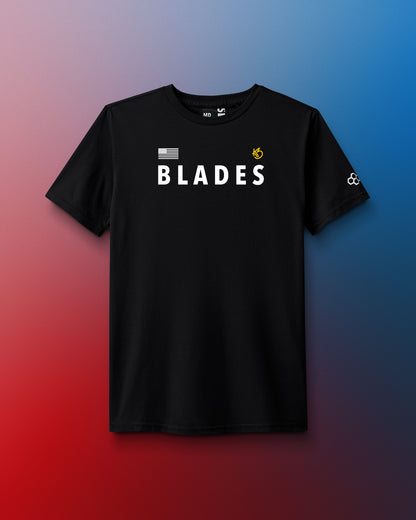 Black t-shirt with 'BLADES' text on a gradient background. United World Wrestling. World Wrestling Championships, Zagreb