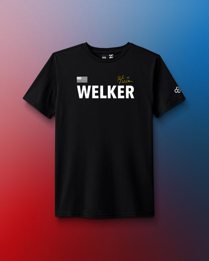 Black t-shirt with 'WELKER' text on a gradient background. United World Wrestling. World Wrestling Championship. Zagreb