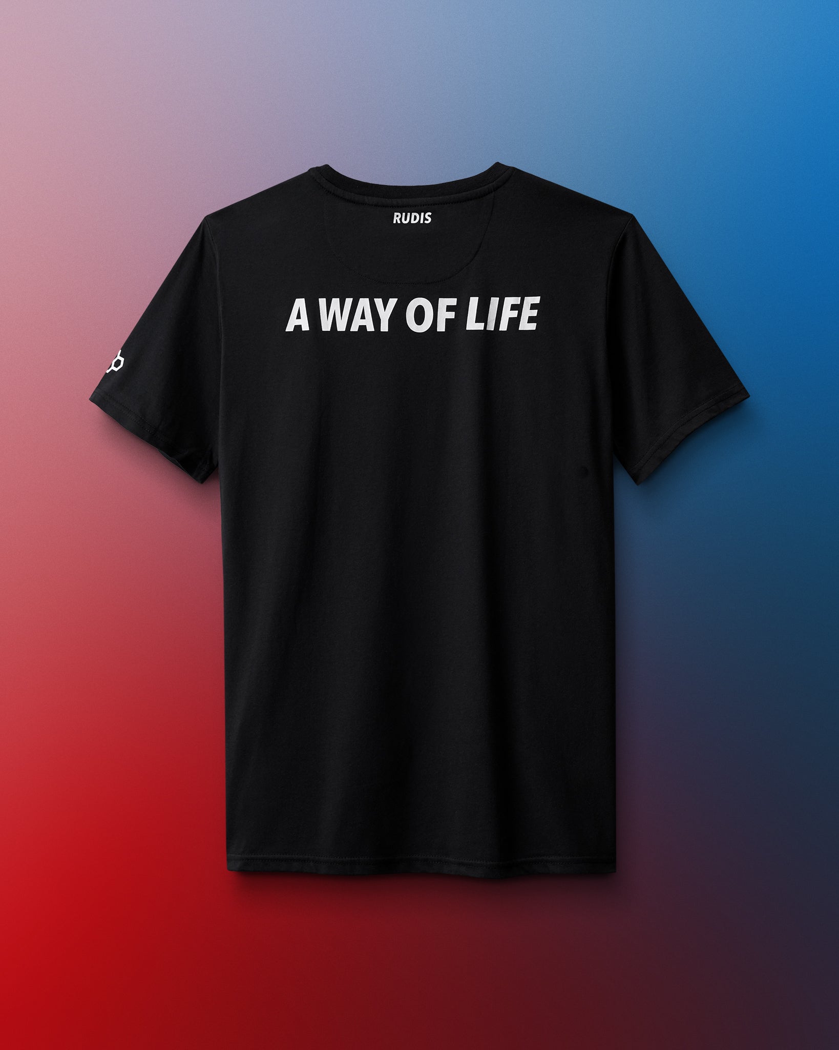 Black t-shirt with 'A Way of Life' text on a gradient background
