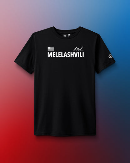 Black t-shirt with 'MELELASHVILI' text on a gradient background. United World Wrestling. World Wrestling Championship. Zagreb
