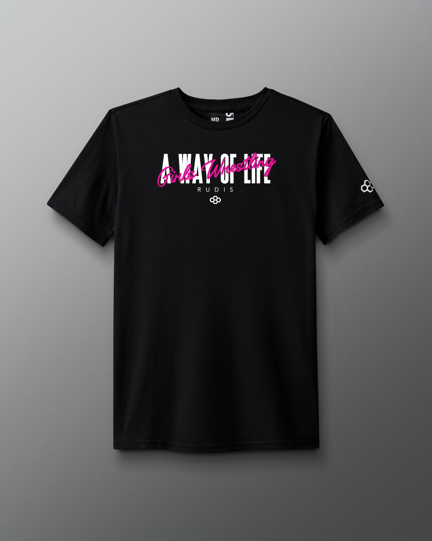 Black t-shirt with pink and white text on a gray background