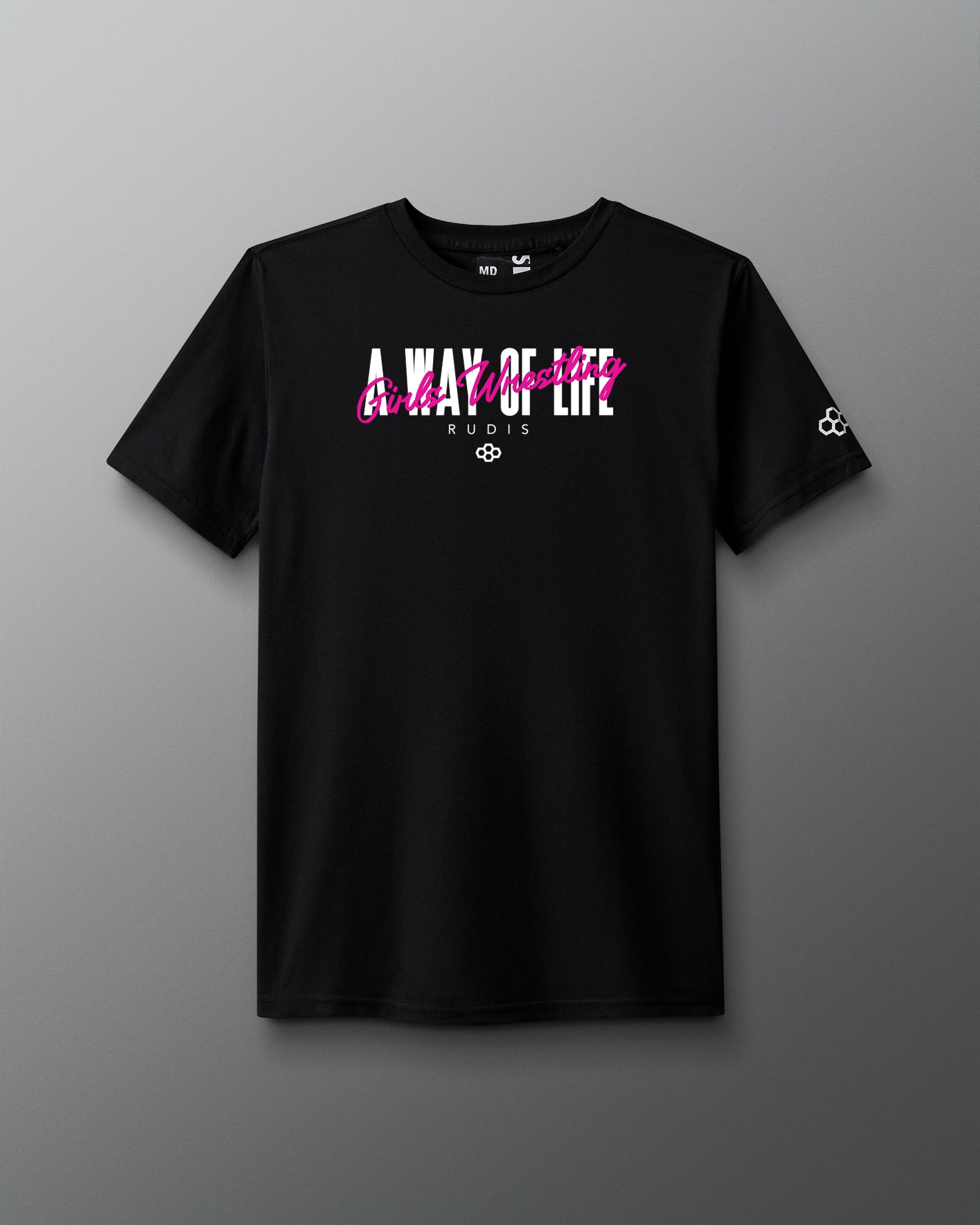 Black t-shirt with pink and white text on a gray background