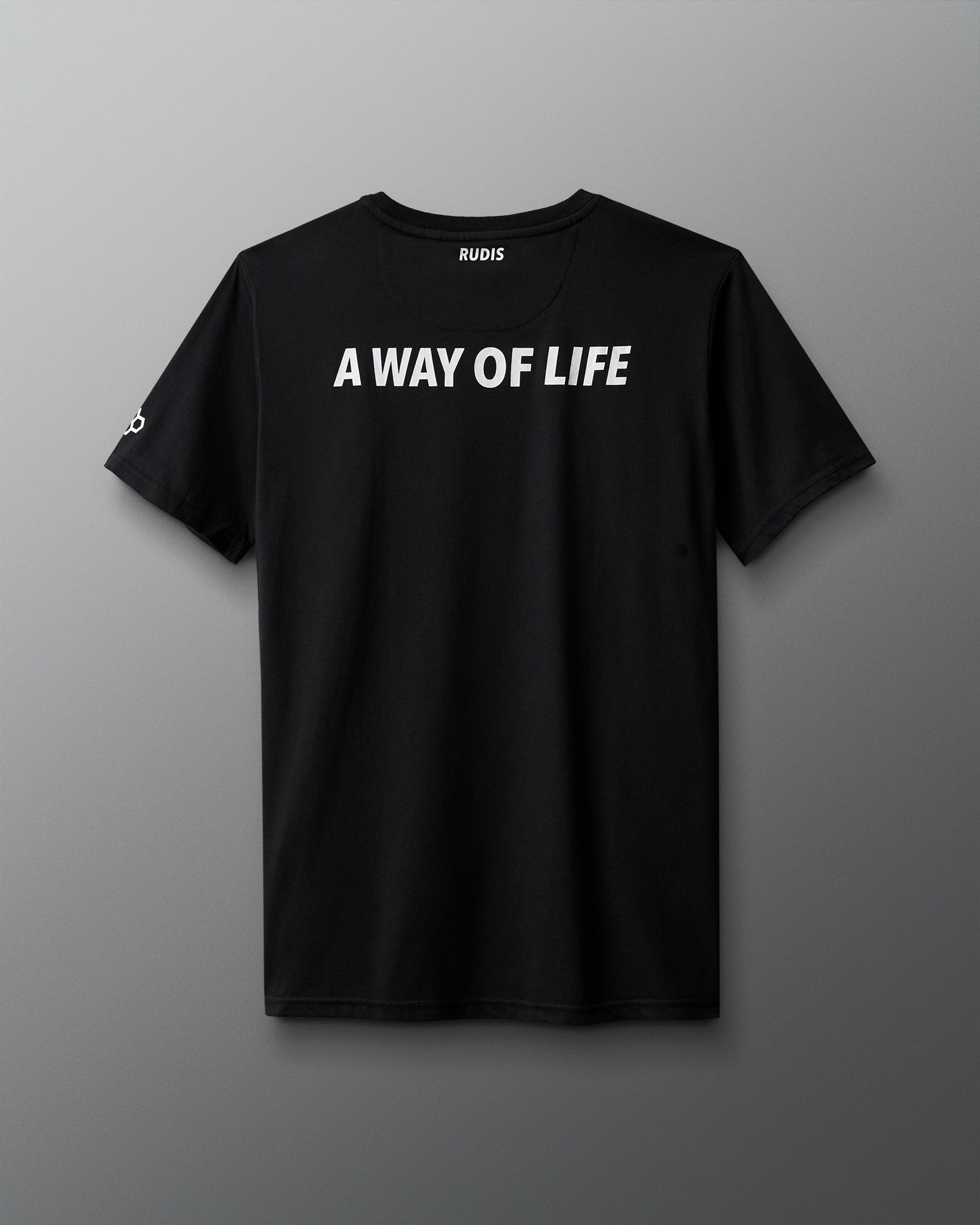 Black t-shirt with 'A Way of Life' text on a gray background
