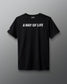 Black t-shirt with 'A Way of Life' text on a gray background