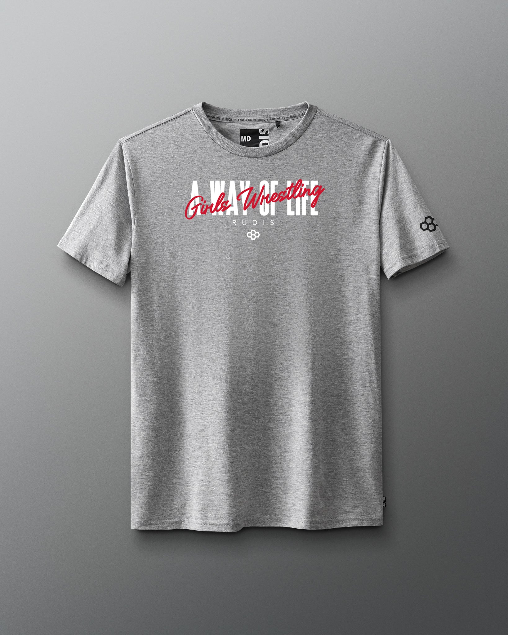 Gray t-shirt with red and white text on a gray background