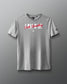 Gray t-shirt with red and white text on a gray background