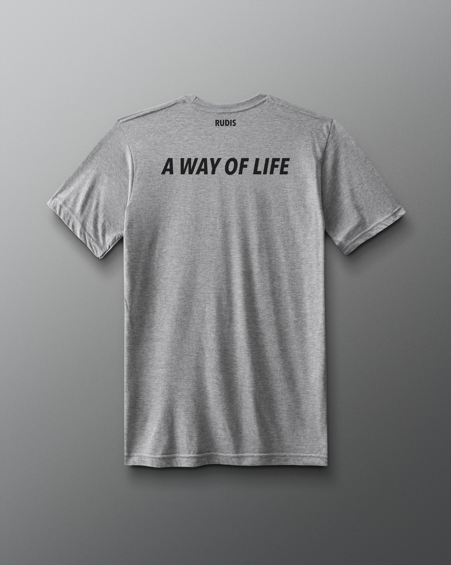 Gray t-shirt with 'A Way of Life' text on the back against a gray background