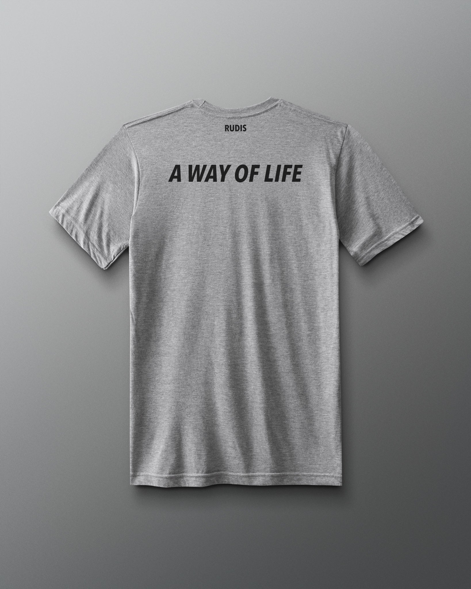 Gray t-shirt with 'A Way of Life' text on the back against a gray background