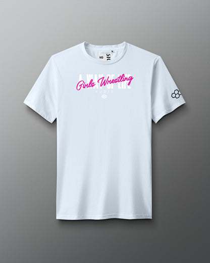 White t-shirt with 'Girls Wrestling' text on a gray background