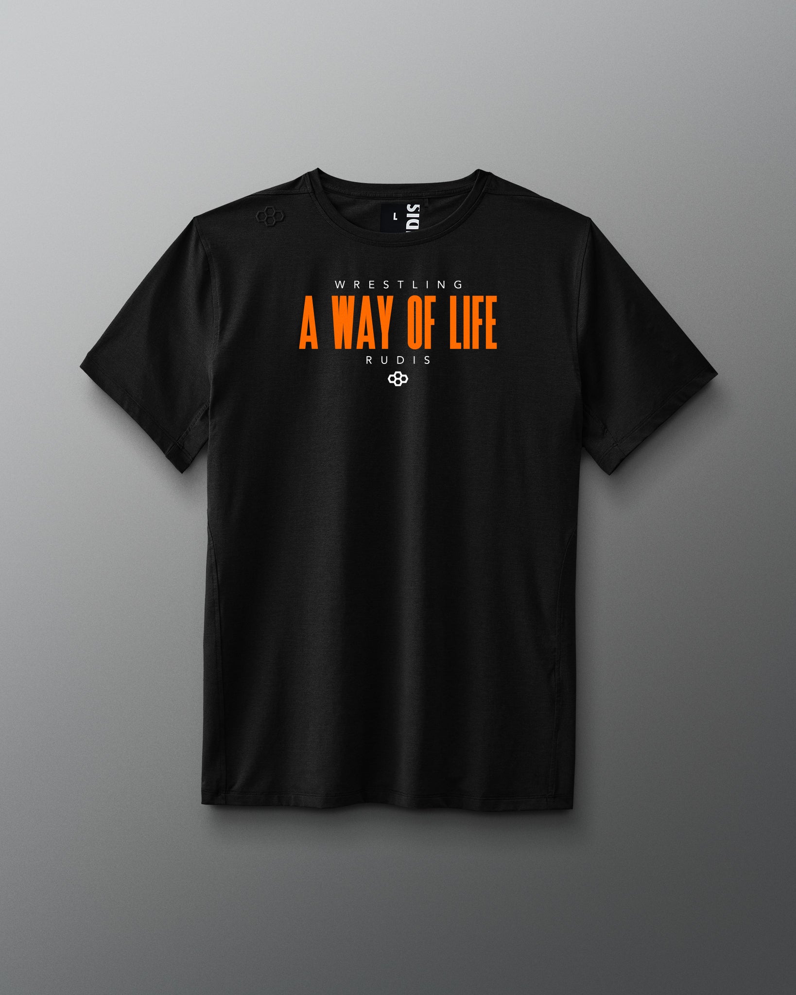 Black t-shirt with 'Wrestling A Way of Life' text on a gray background