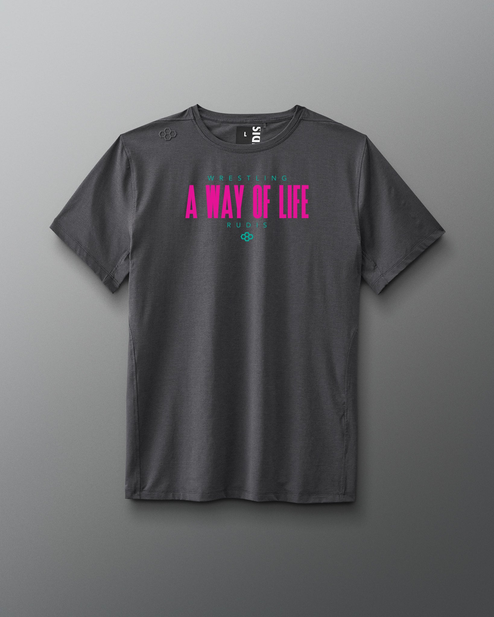 Gray t-shirt with pink and green text on a gray background