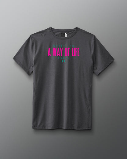 Gray t-shirt with pink and green text on a gray background