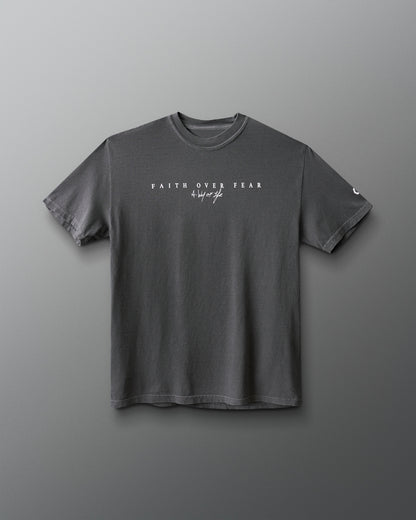 Gray t-shirt with 'Faith Over Fear' text on a gray background