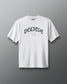 White t-shirt with 'BELIEVE' text on a gray background