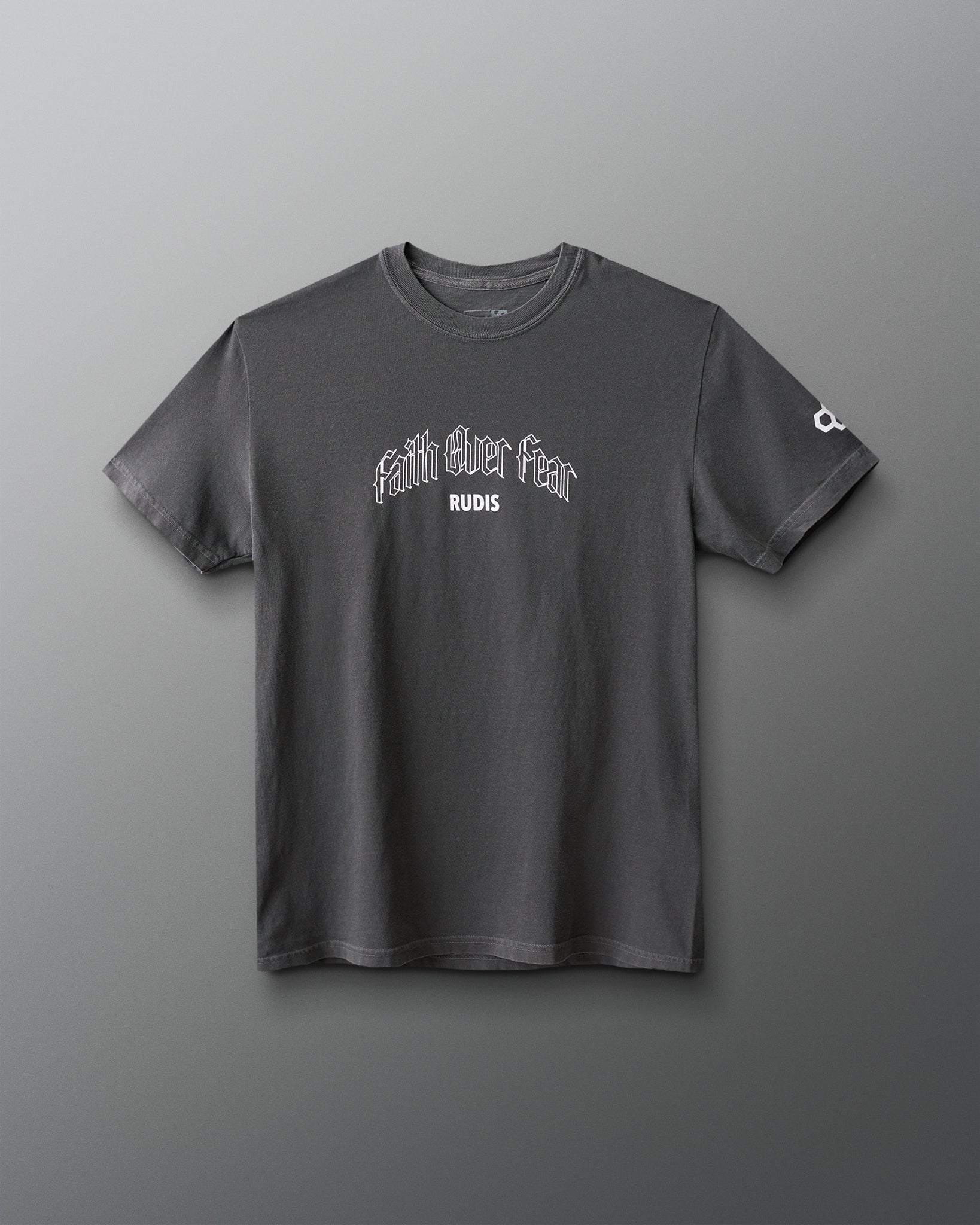 Gray t-shirt with white text on a gray background