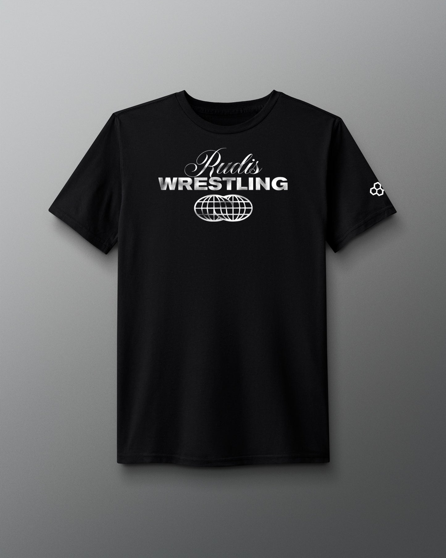 Black t-shirt with 'Rudis Wrestling' text on a gray background
