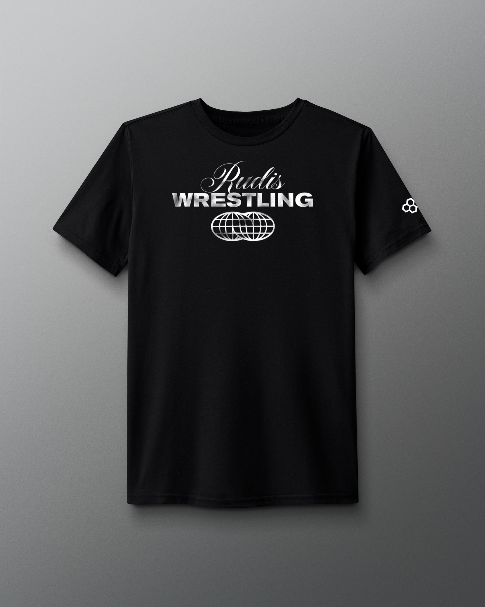 Black t-shirt with 'Rudis Wrestling' text on a gray background