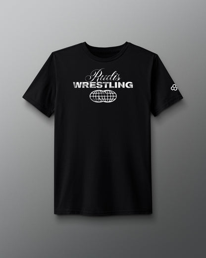 Black t-shirt with 'Rudis Wrestling' text on a gray background