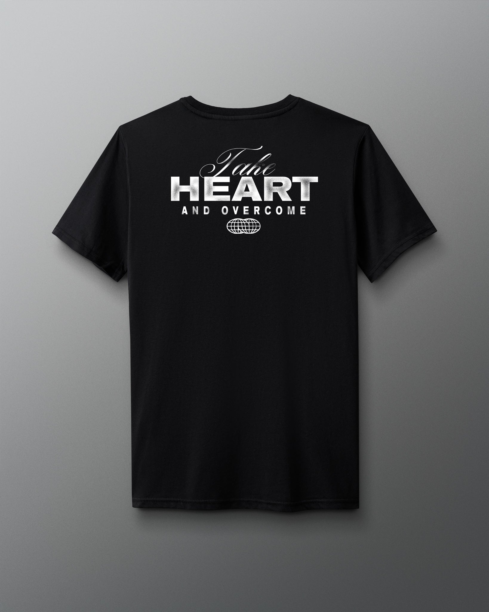Black t-shirt with white text on a gray background - Take Heart and Overcome text back of shirt