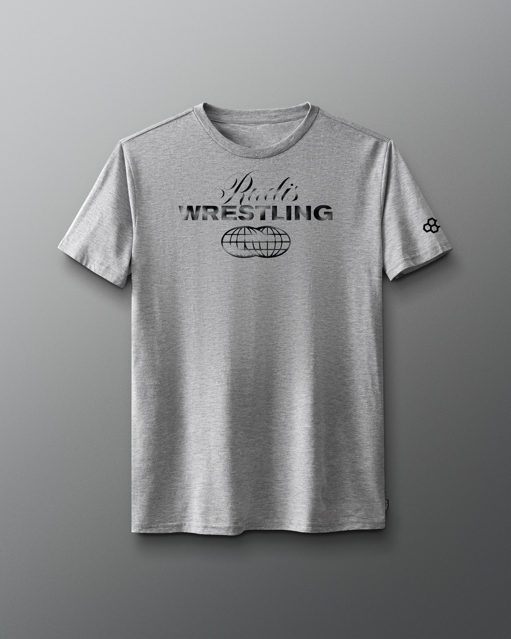 Grey shirt - front with RUDIS Wrestling black word mark graphics