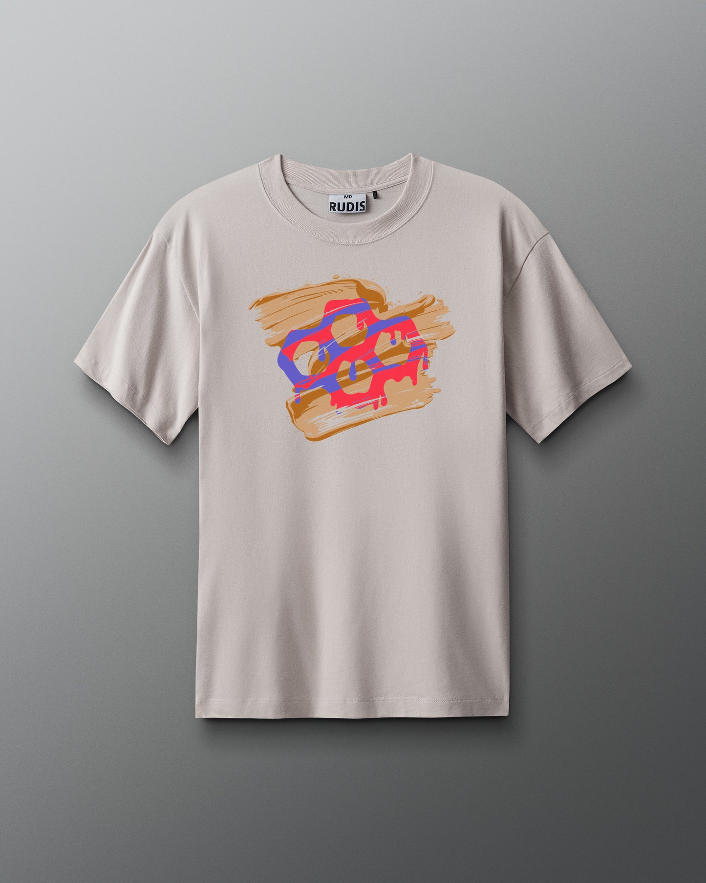 Gray t-shirt with colorful graphic design on a gray background