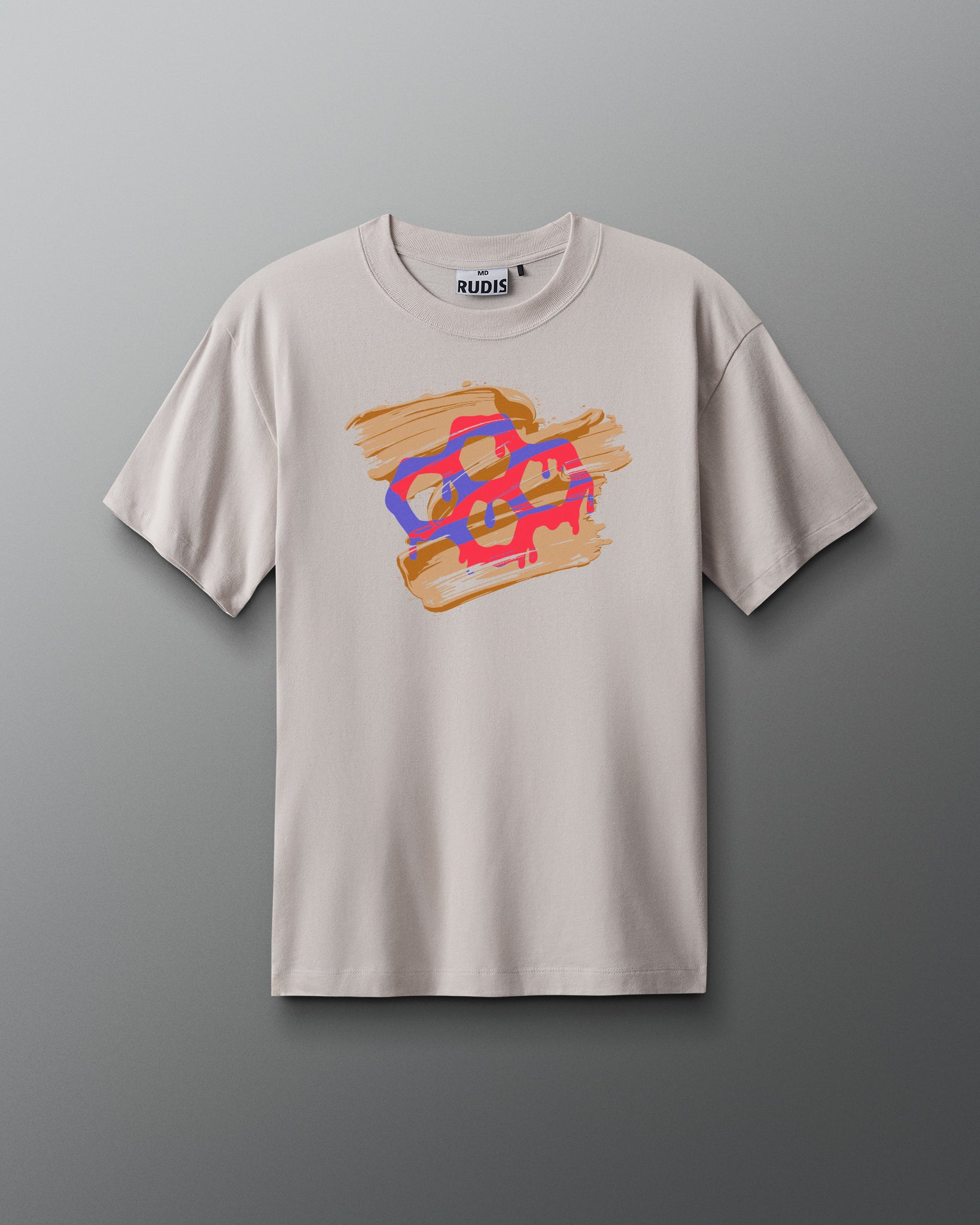 Gray t-shirt with colorful graphic design on a gray background