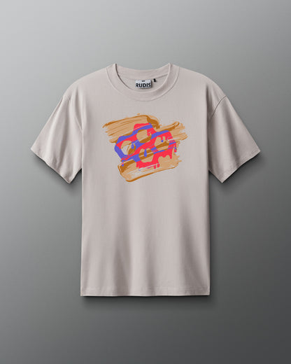 Gray t-shirt with colorful graphic design on a gray background