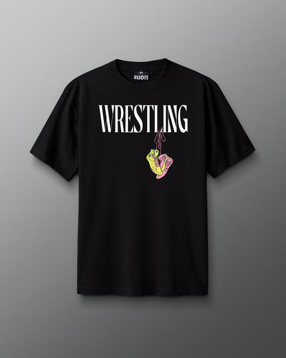 Black t-shirt with 'Wrestling' text and graphic on a gray background