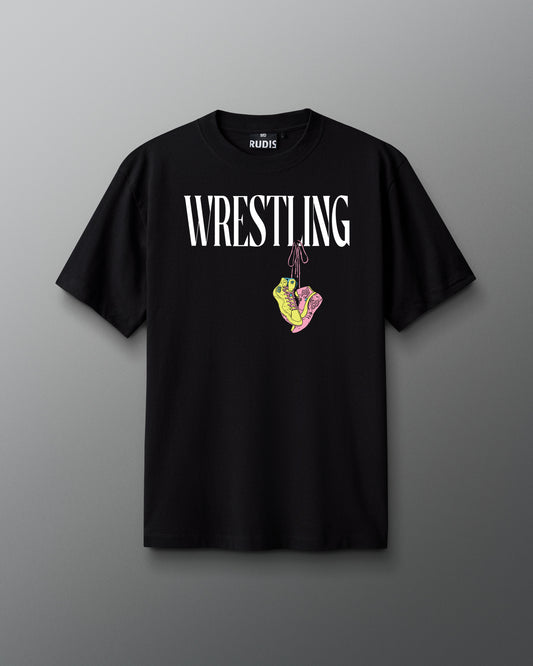 Black t-shirt with 'Wrestling' text and graphic on a gray background