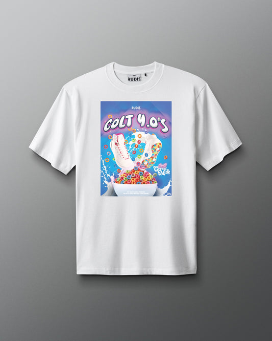 White t-shirt with a colorful graphic of a cereal box on a gray background