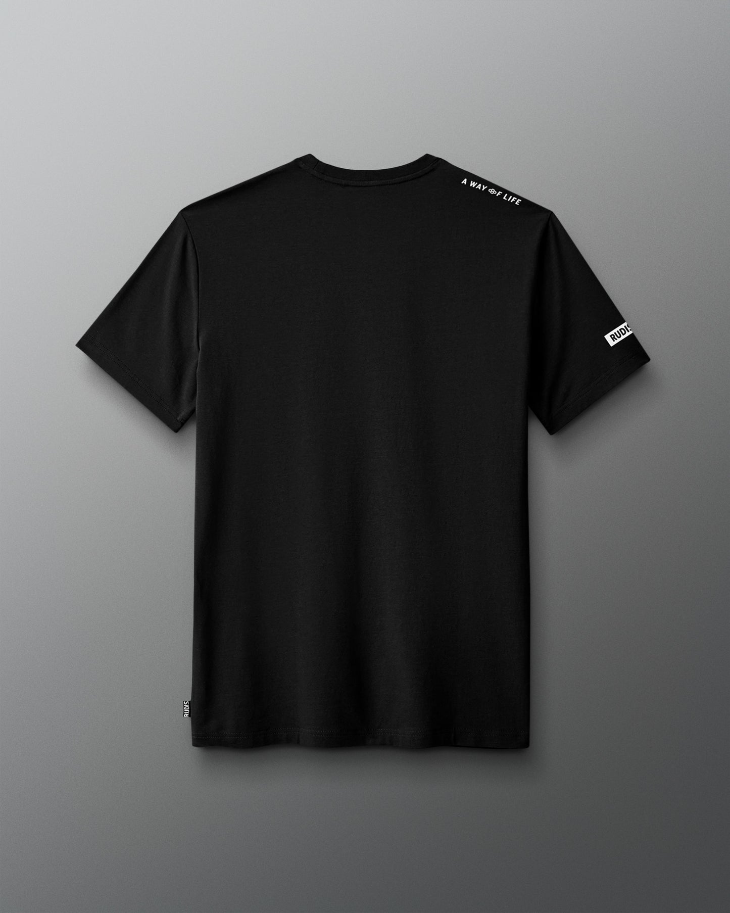 Black t-shirt with brand logo on a gray background