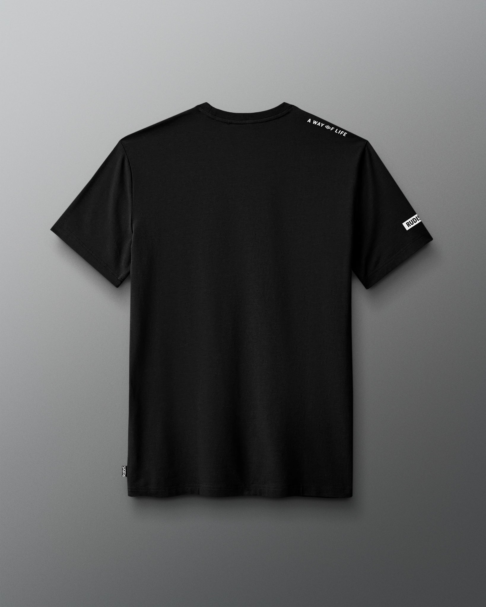 Black t-shirt with brand logo on a gray background