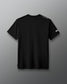 Black t-shirt with brand logo on a gray background