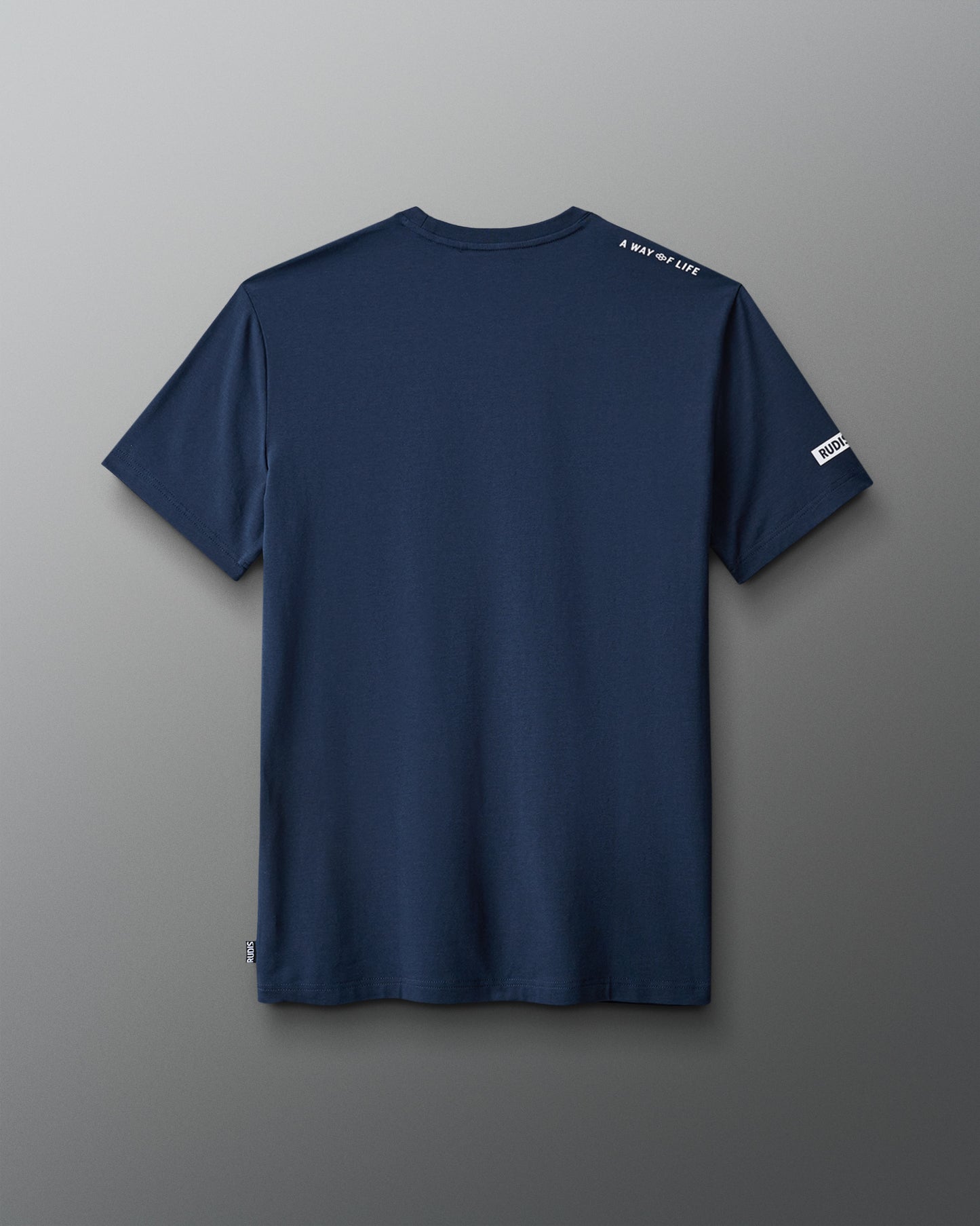 Navy blue t-shirt with a brand logo on the back against a gray background